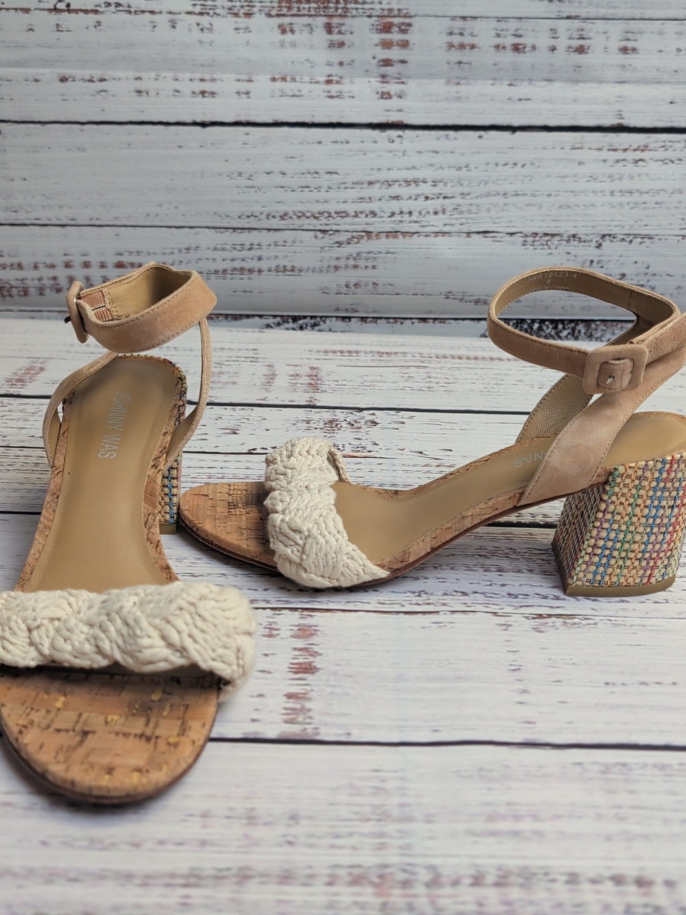 Johnny Was Women's Braid Block Heel Multicolor Sandals Beige Suede Upper Size 8